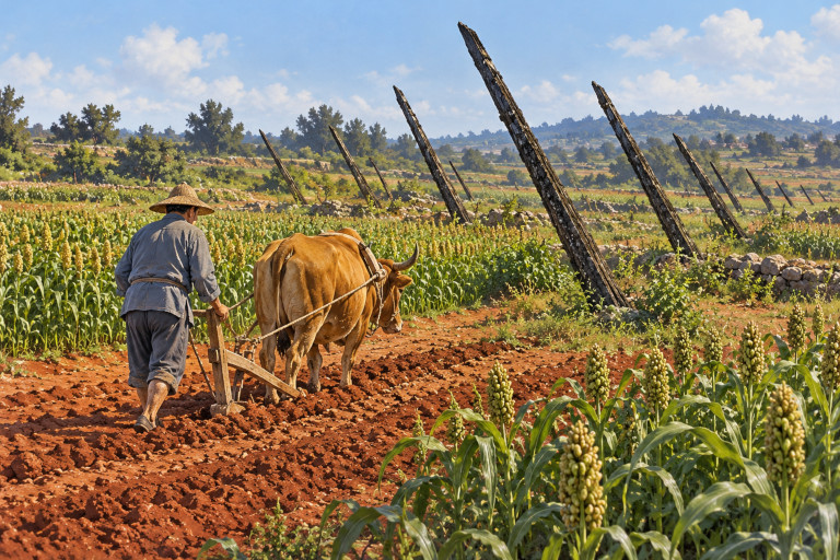 AI-generated image of a farmer guiding an ox through a sorghum field dotted with military defense stakes on Kinmen.