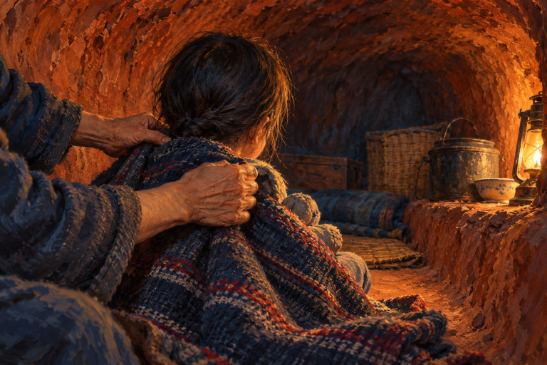 AI-generated image of an elderly caregiver wrapping a blanket around a child inside a lantern-lit shelter dug into red earth.