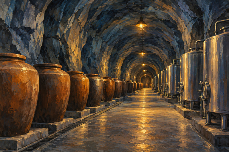AI-generated image of ceramic liquor jars and stainless-steel storage tanks lining a former military tunnel carved through granite on Kinmen.