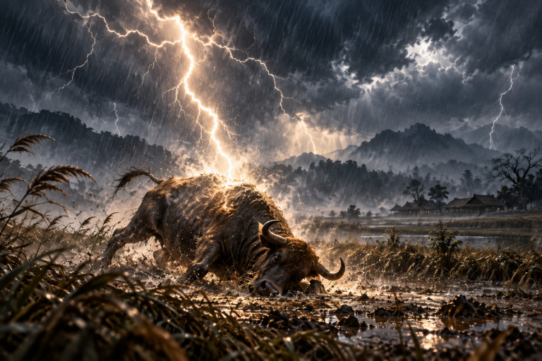 AI-generated image of an ox collapsing as a bolt of lightning strikes its back during a violent thunderstorm in the ancient Chinese countryside.