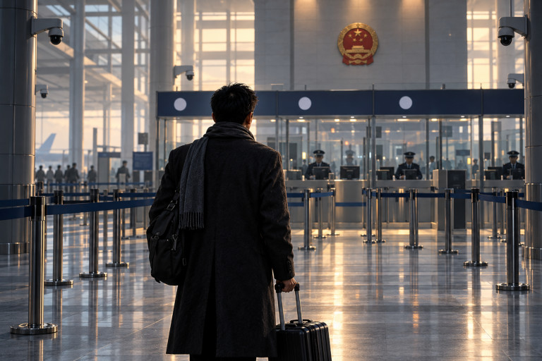 AI-generated image of a Chinese traveler carrying a suitcase toward immigration checkpoints beneath surveillance cameras at a modern airport in China.