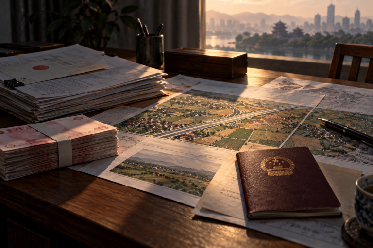 AI-generated image of a Chinese passport, official documents, bundles of yuan, and a map showing an expressway cutting through farmland.