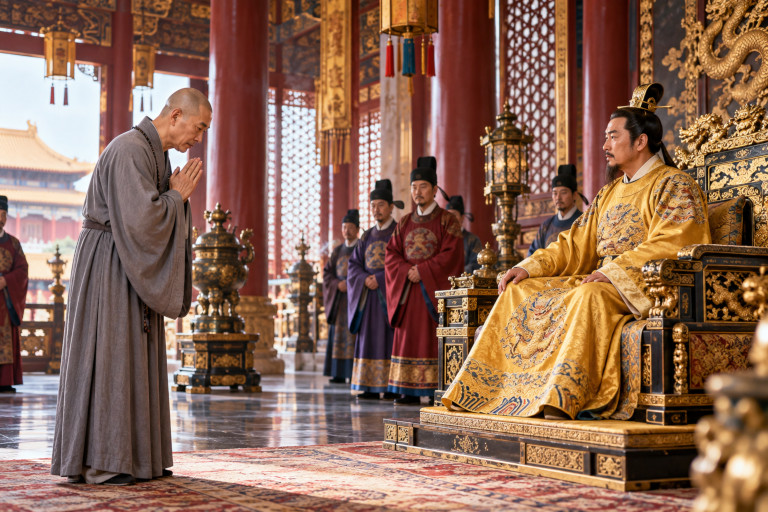 AI-generated image of a Buddhist monk bowing before the Chinese Emperor in an ornate Tang Dynasty palace hall.