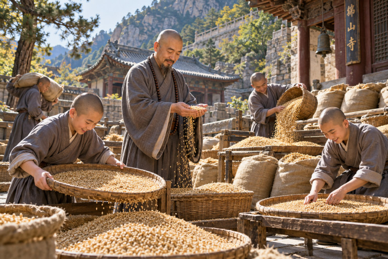 AI-generated image of Buddhist monks handling baskets and sacks of wheat at a mountain temple.