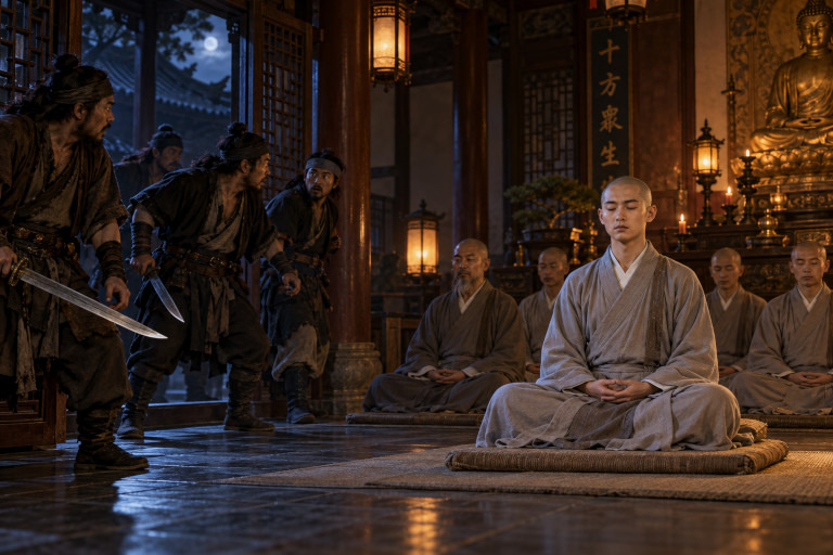 AI-generated image of armed robbers entering a Buddhist temple while the monks remain seated calmly in meditation.