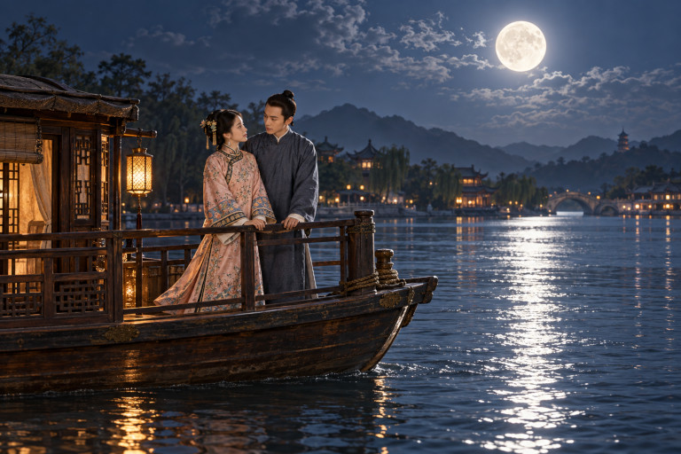 AI-generated image of a young Chinese couple standing together on a traditional wooden riverboat beneath a bright full moon, with lantern-lit buildings along the distant shore.