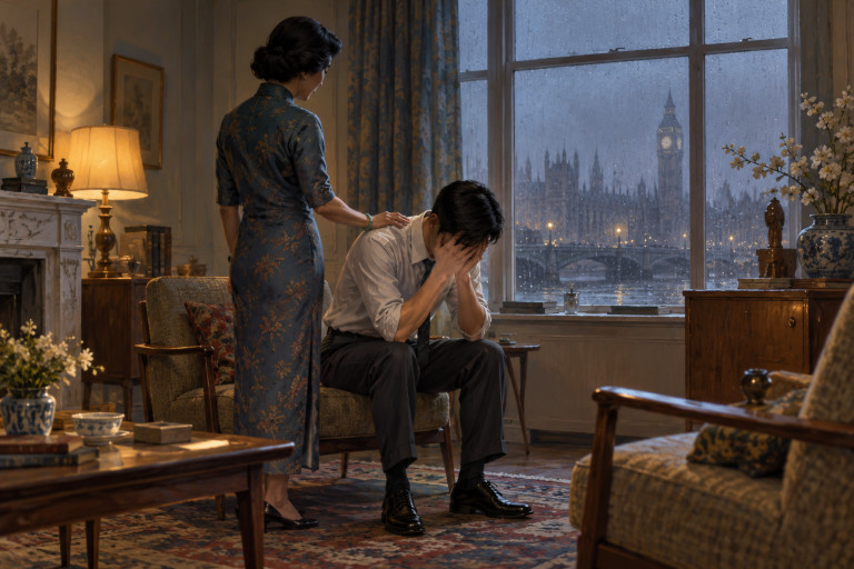 AI-generated image of a young Chinese man sitting with his face buried in his hands while an older Chinese woman comforts him in a London sitting room.