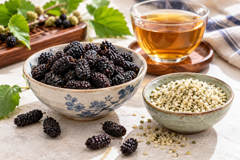 AI-generated image of dried dark-purple mulberries and shelled hemp seeds in ceramic bowls beside a glass cup of herbal tea.