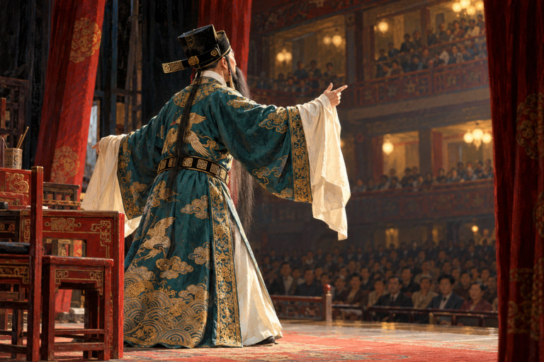 AI-generated image of a Peking Opera performer in an elaborate blue costume and traditional headwear, performing before a crowded theater.