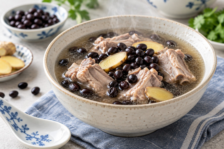 AI-generated image of steaming Chinese pork rib soup with black soybeans and sliced ginger in a ceramic bowl, accompanied by blue-and-white porcelain dishes.