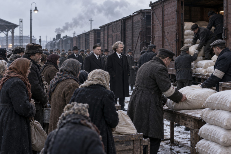 AI-generated image of humanitarian workers unloading sacks of food from railway cars as Polish civilians gather to receive relief supplies in the aftermath of World War I.