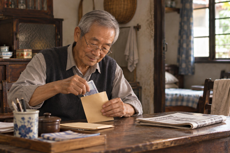 AI-generated image of an elderly Taiwanese man quietly placing money into an envelope at a wooden desk, with a newspaper and household items nearby.