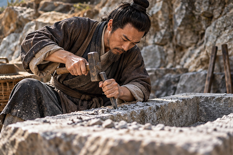 AI-generated image of Wang Yangming using a hammer and chisel to prepare a stone burial enclosure in anticipation of his own death.