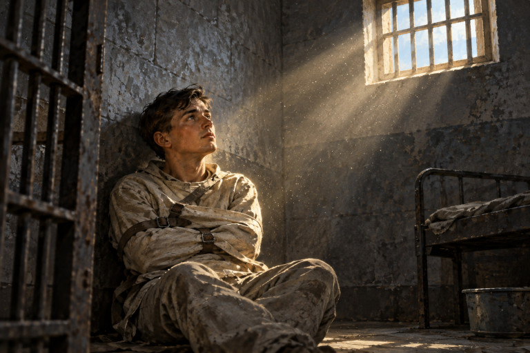AI-generated image of a prisoner restrained in a straitjacket inside a stone prison cell, gazing toward sunlight streaming through a high barred window.