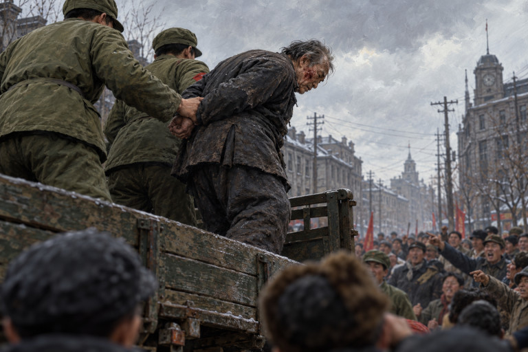 AI-generated image of an injured elderly Chinese man being restrained by Red Guards on the back of a truck as a hostile crowd gathers below.