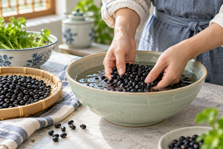 AI-generated image of a person washing black soybeans in a pale green ceramic bowl, with a bamboo tray of dried beans and traditional Chinese ceramics nearby.