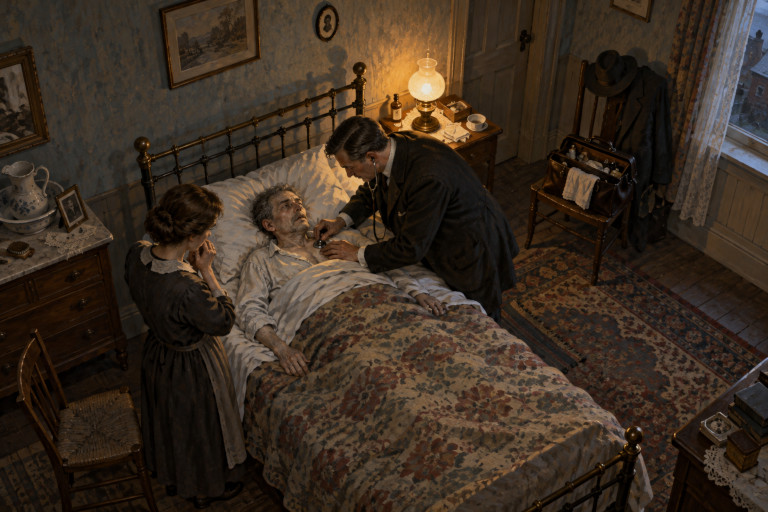 AI-generated image of a doctor examining a critically ill man in an early 20th-century British bedroom while a concerned woman stands nearby, viewed from an elevated perspective.