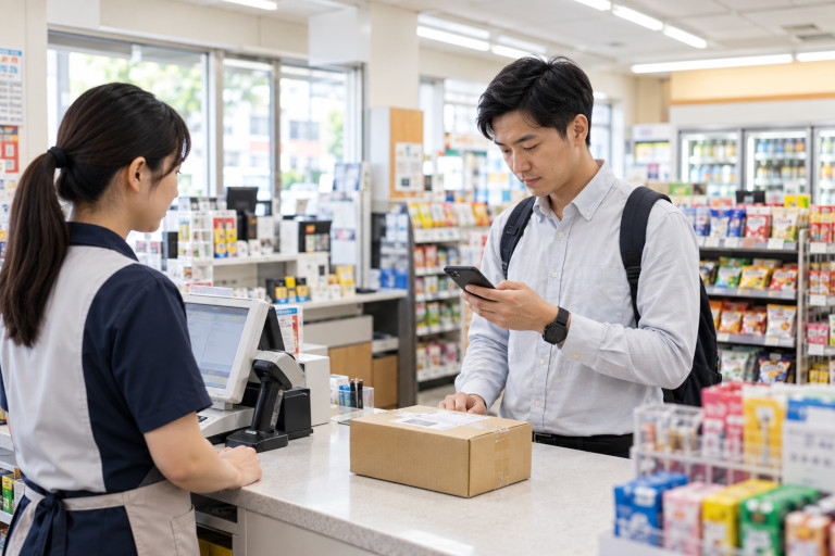 AI-generated image of a man checking his phone beside a parcel at a convenience-store pickup counter.