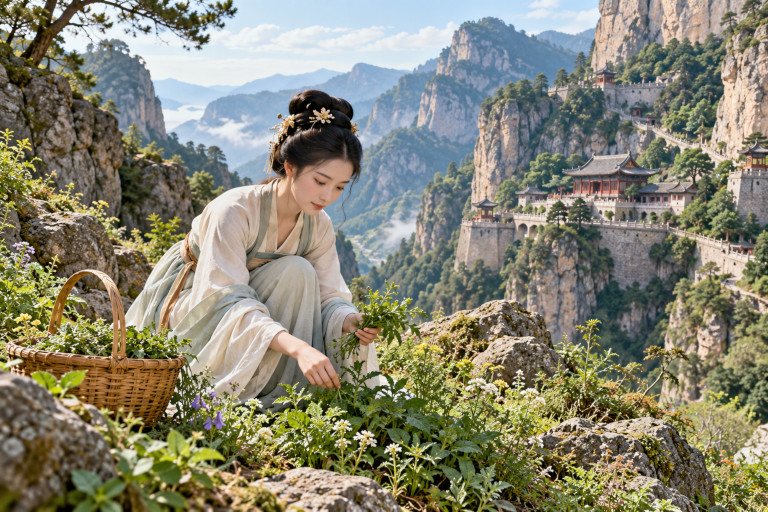 AI-generated image of a woman in traditional Chinese clothing gathering medicinal herbs in the mountains near a Buddhist temple.