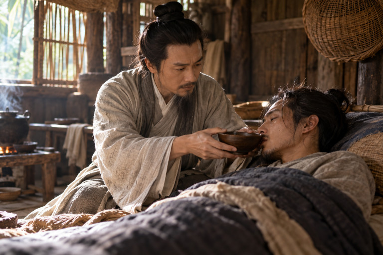 AI-generated image of Wang Yangming offering a bowl of warm food to a sick companion resting inside a rustic shelter during their exile.