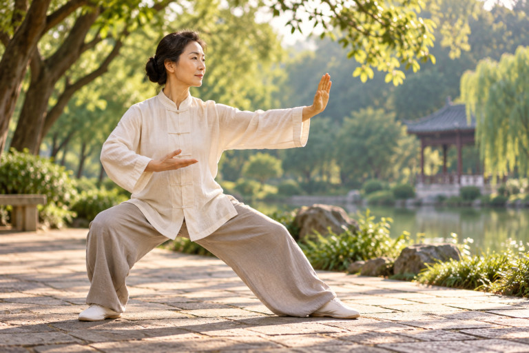 AI-generated image of a middle-aged Chinese woman practicing tai chi in a peaceful, sunlit garden, with trees, a pond, and a traditional pavilion in the background.