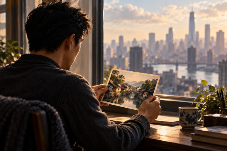 AI-generated image of a Chinese man sitting beside a window overlooking a modern city while holding an old photograph of a traditional Chinese village with a stone bridge.