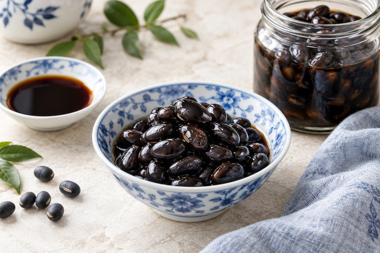 AI-generated image of glossy vinegar-soaked black soybeans served in a blue-and-white Chinese porcelain bowl, with a glass jar of beans and a small dish of vinegar nearby.