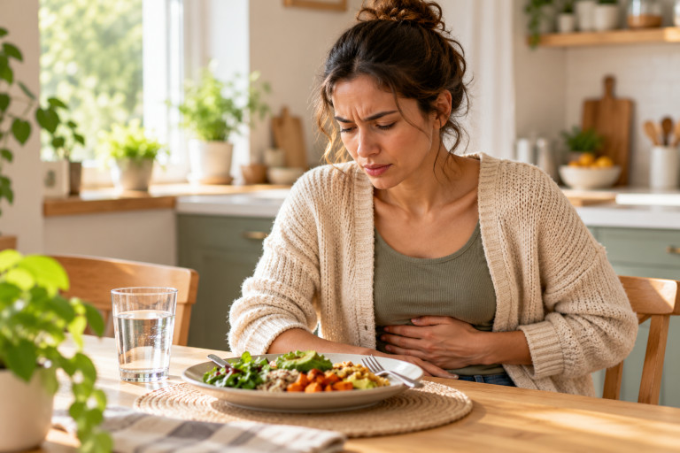 AI-generated image of a woman holding her abdomen in discomfort while sitting at a kitchen table with a plate of food and a glass of water.
