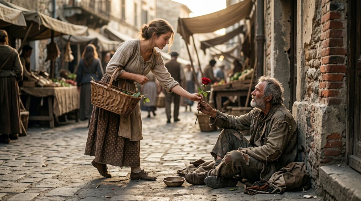 A flower vendor giving a rose to a beggar.