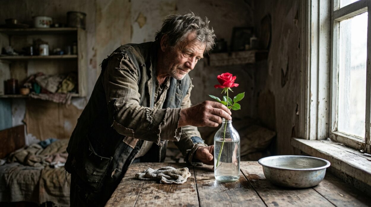 He realized such an exquisite flower didn't belong in a dirty, stained bottle. The vessel itself had to be cleaned to match the rose's natural elegance and brilliance.