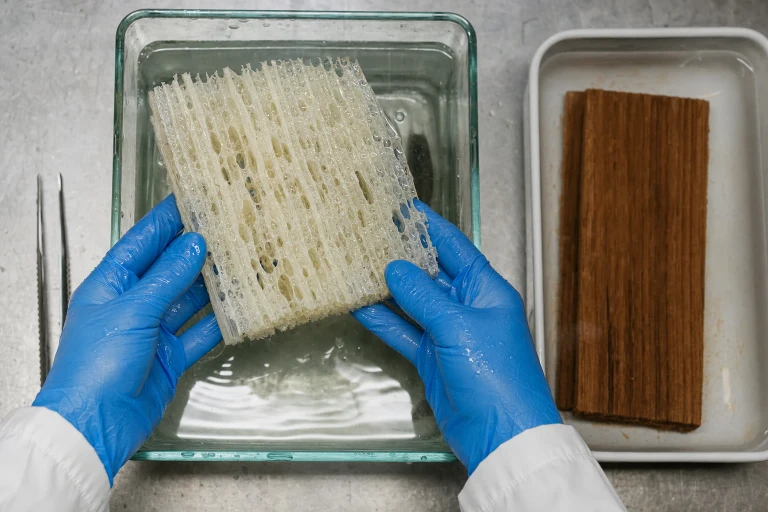 Gloved hands lift a pale porous wood skeleton from a shallow chemical bath while an untreated brown plank rests on a separate tray.