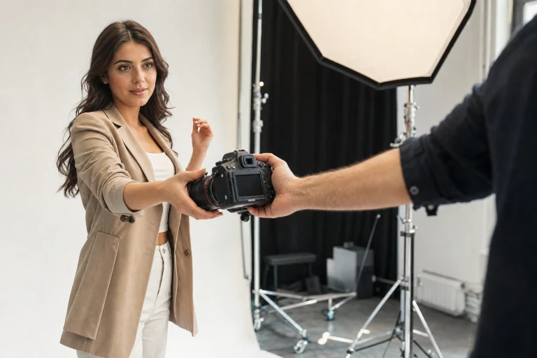A young female influencer accepts a camera from a photographer beside a prepared studio lighting setup as she begins a pose.