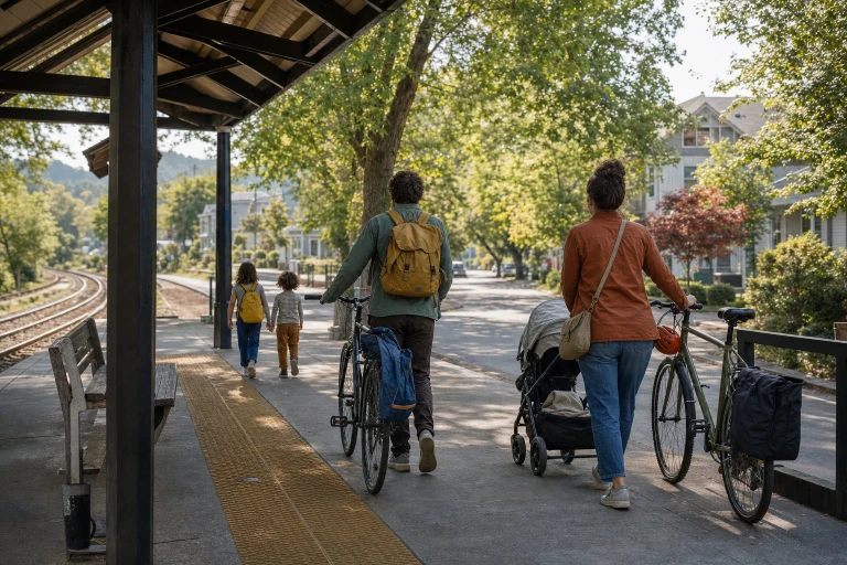 A family moves bicycles, a stroller, and practical bags along a small regional station platform toward a leafy street, with the children ahead and the adults following.