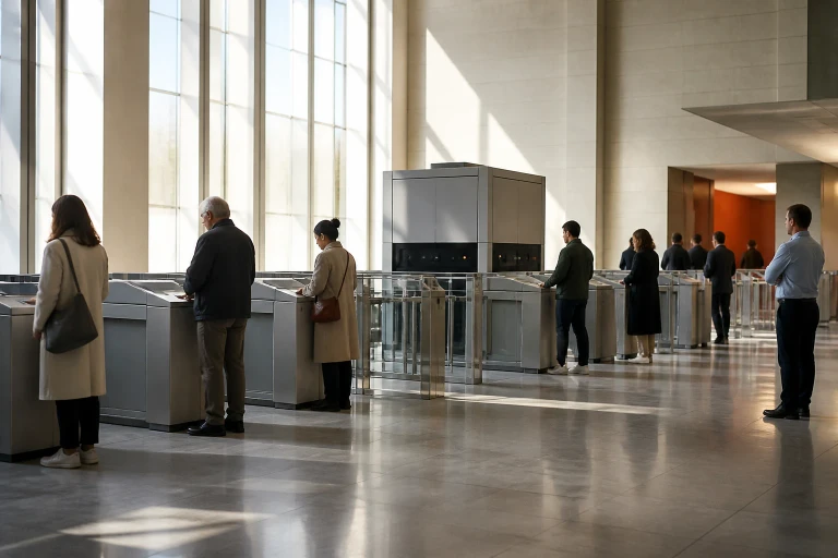 Several adults approach identical access points in a civic service hall while an autonomous computing unit routes their cases and a human attendant watches from the edge of the room.