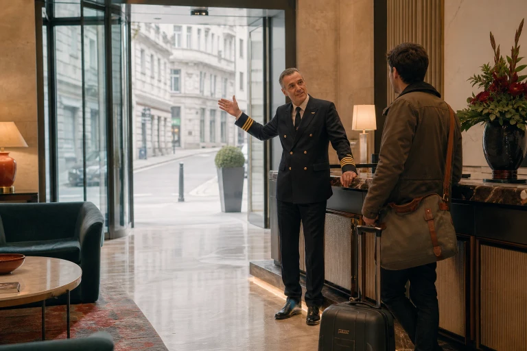 A generic airline pilot in a Vienna hotel lobby gestures calmly toward the open glass entrance as a traveler asks a question from the edge of the reception area.