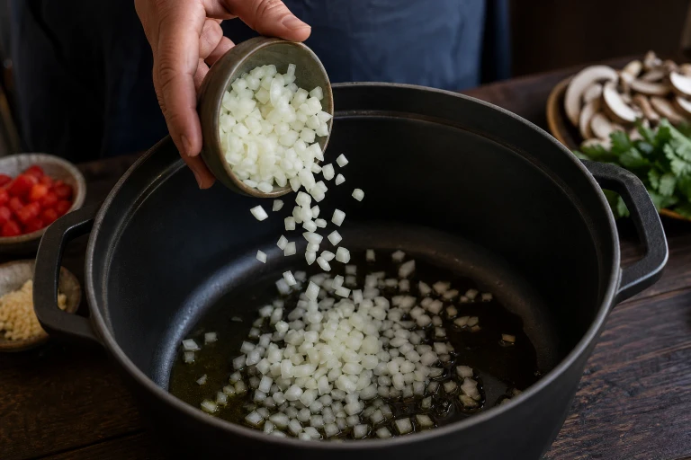 A hand tips a bowl of chopped onion into an oiled heavy cooking pot while other ingredients wait at the edge.
