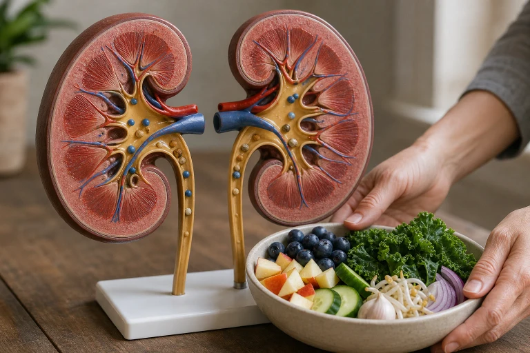 An educational kidney cutaway shows water and waste particles moving through delicate filtering structures beside a small bowl of approved foods.