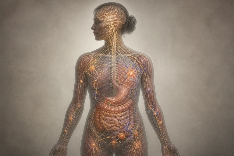 A whole human anatomical silhouette stands within an abstract field as restrained stress signals travel through the nervous system toward the immune, digestive, muscular, and other bodily systems.