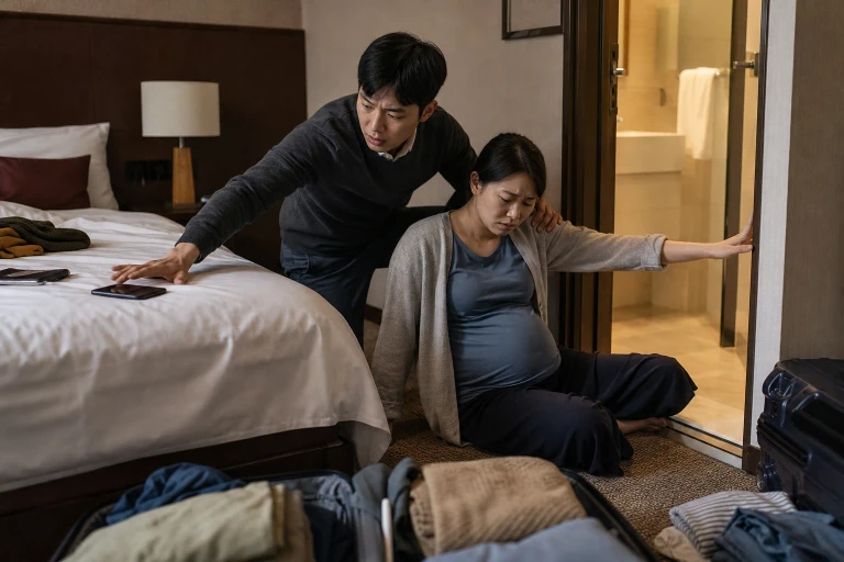 In a hotel room, a pregnant mother sits beside an open bathroom door while her partner supports her and reaches for a phone.