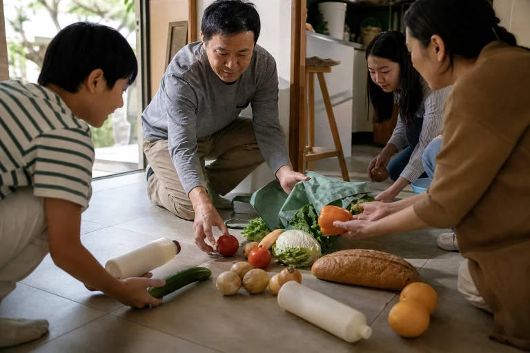 Family members kneel at a kitchen doorway to gather groceries spilled from a torn bag and pass them back to the person who dropped it.