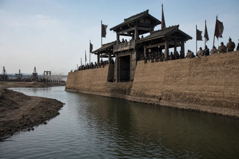 Defenders hold the rammed-earth walls and wooden gatehouse of Kunyang across a deep moat from halted siege engines on the far bank.