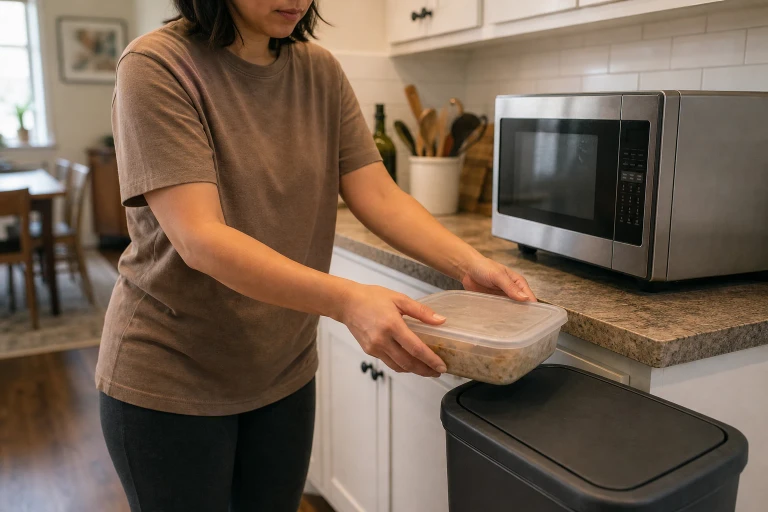 An adult moves a sealed container of leftover food away from a microwave and toward a closed waste bin on a kitchen counter.