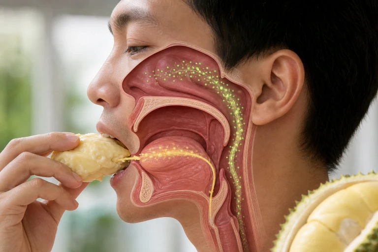 An anatomical cutaway shows sweetness reaching the tongue before aromatic molecules travel from the back of the mouth into the nasal cavity.