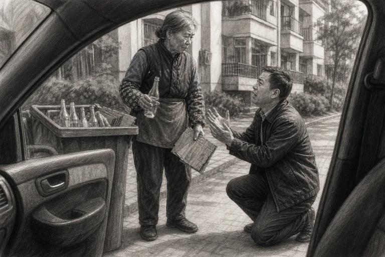 Seen from beside an open car door, a son kneels on the pavement crying and pleading with his grandmother beside a residential bin holding a clean bottle and cardboard.