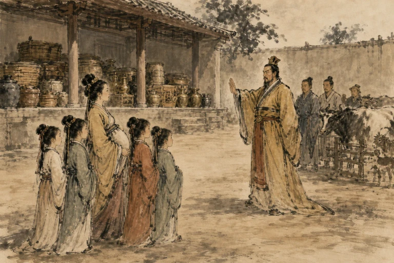 A pregnant mother and her five daughters petition a king in a wealthy courtyard while he raises one hand to delay the seizure of their household estate.