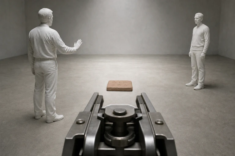 A halted mechanical weapon faces two synthetic men across a bare room, with a plain clay tablet between them and no impact having occurred.