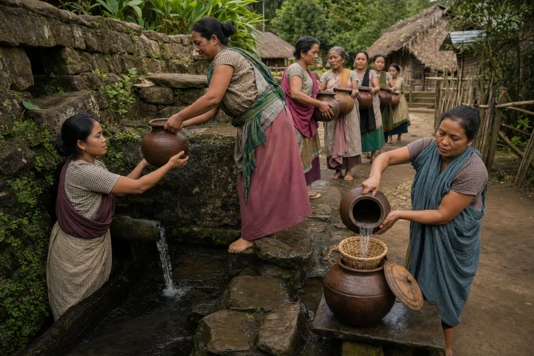 Villagers at a Khasi spring pass filled clay water vessels toward homes while another villager strains water into a covered container.