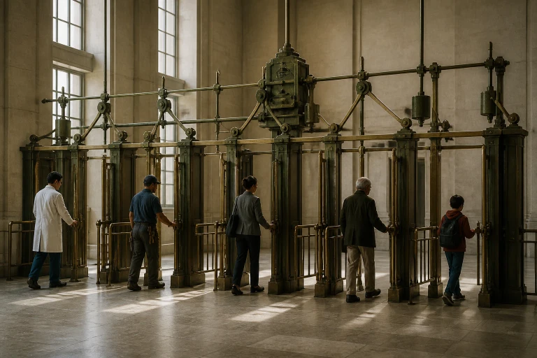 Visitors of different ages and occupations pass through identical gateways in a public hall governed by one shared mechanism.