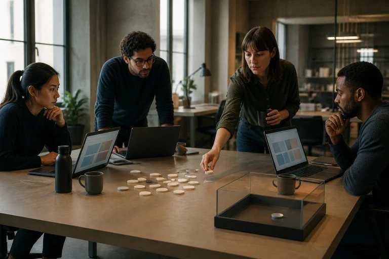 A contemporary product team watches as one person moves a plain counter from an automated workflow toward a guarded tray while other counters are divided among active workstations.