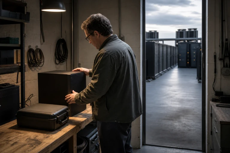 A professional stands beside a compact self-hosted computer and a closed physical memory archive while distant cloud infrastructure remains outside the local room.